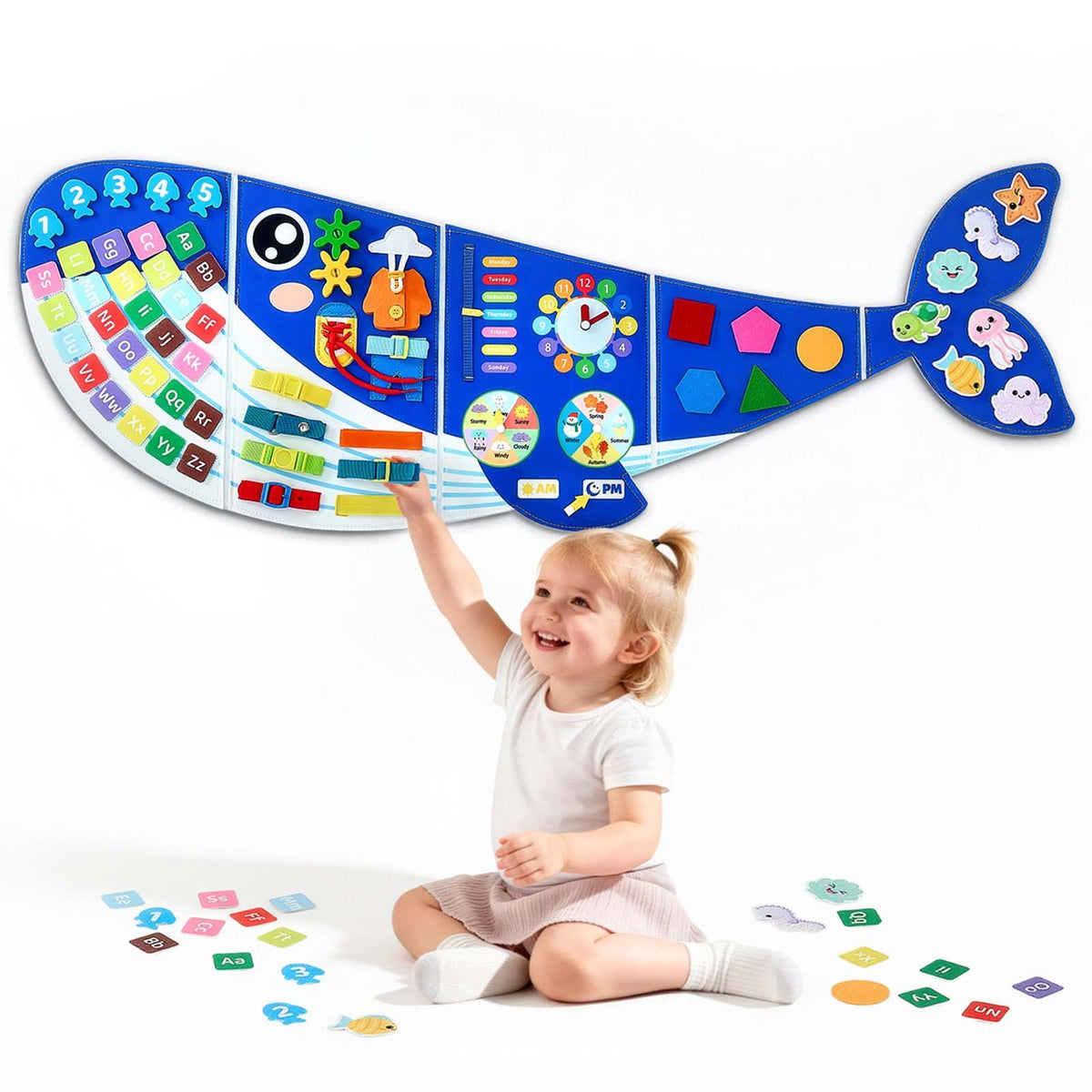 VEVOR Montessori Activity Board 12 in 1, Foldable Felt Roll with Numbers, Letters and Clock