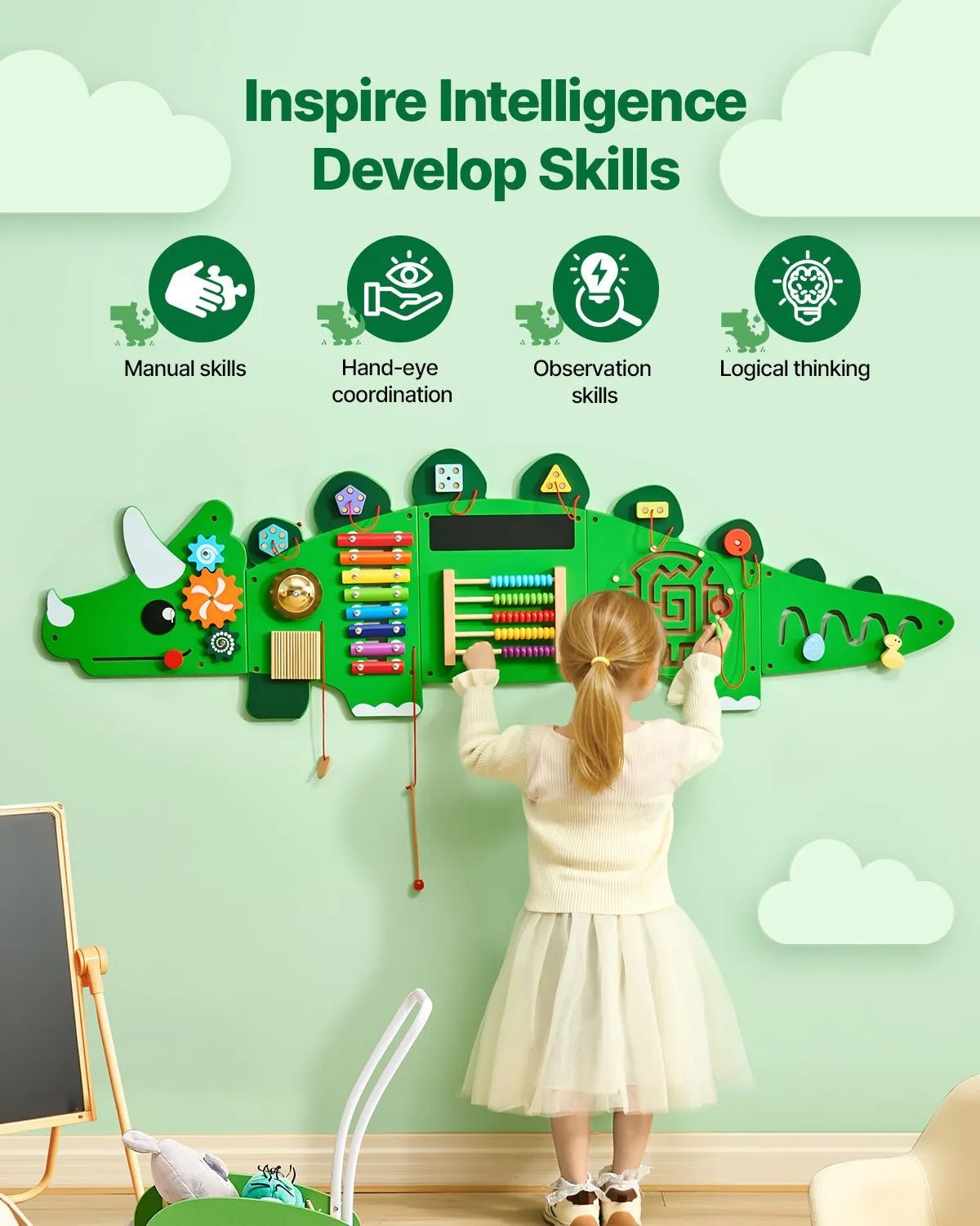 VEVOR Bērnu aktivitāšu sienas panelis “Dinosaur” ar 11 aktivitātēm, Montessori sensorā siena bērniem 3–12 gadiem, mācību aktivitāšu centrs rotaļu istabai, bērnudārzam un klasei - ZEMLETES.LV