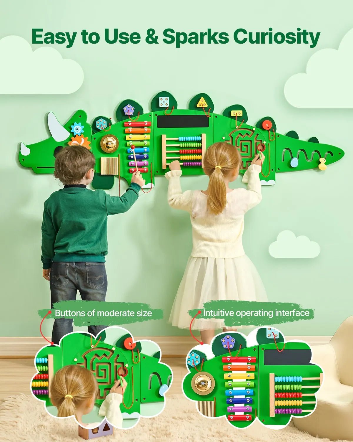 VEVOR Bērnu aktivitāšu sienas panelis “Dinosaur” ar 11 aktivitātēm, Montessori sensorā siena bērniem 3–12 gadiem, mācību aktivitāšu centrs rotaļu istabai, bērnudārzam un klasei - ZEMLETES.LV