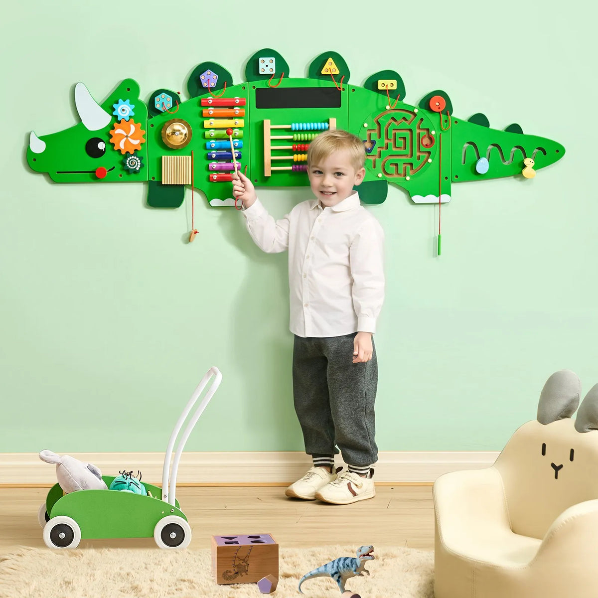 VEVOR Bērnu aktivitāšu sienas panelis “Dinosaur” ar 11 aktivitātēm, Montessori sensorā siena bērniem 3–12 gadiem, mācību aktivitāšu centrs rotaļu istabai, bērnudārzam un klasei - ZEMLETES.LV