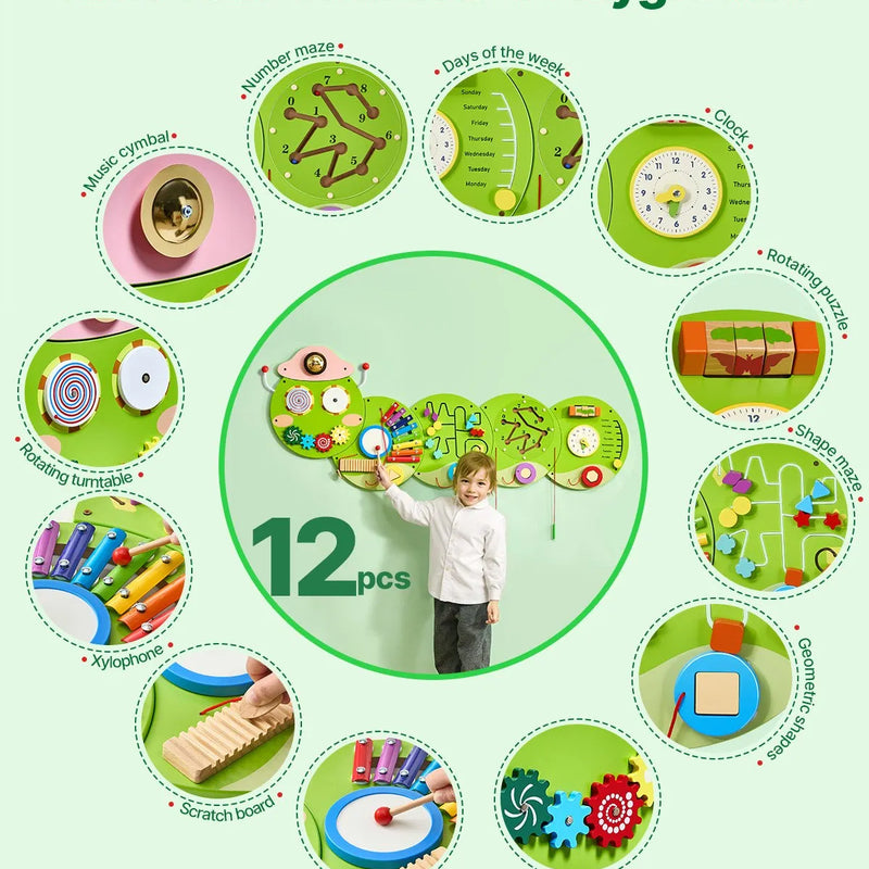 VEVOR Montessori sensoro aktivitāšu sienas paneļu komplekts, 12 aktivitātes, interaktīvs mācību centrs bērniem no 3 līdz 12 gadiem, piemērots rotaļu istabai, bērnistabai un klasei