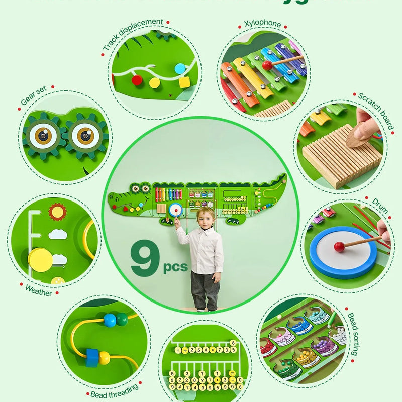 VEVOR krokodila formas Montessori sensoro aktivitāšu sienas panelis ar 9 aktivitātēm, interaktīvs mācību centrs bērniem no 3 līdz 12 gadiem, piemērots rotaļu istabai, bērnistabai un klasei