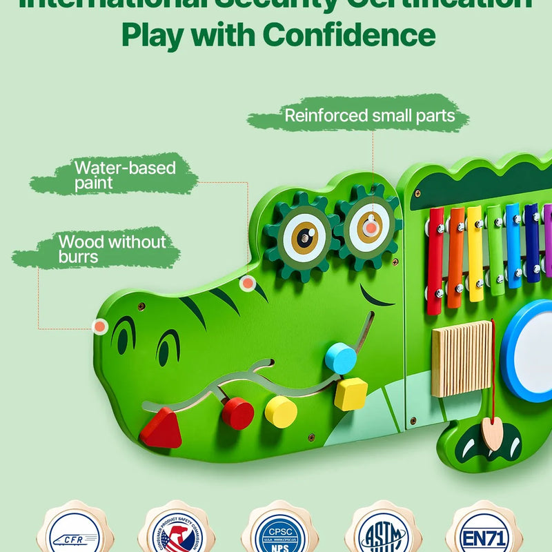 VEVOR krokodila formas Montessori sensoro aktivitāšu sienas panelis ar 9 aktivitātēm, interaktīvs mācību centrs bērniem no 3 līdz 12 gadiem, piemērots rotaļu istabai, bērnistabai un klasei