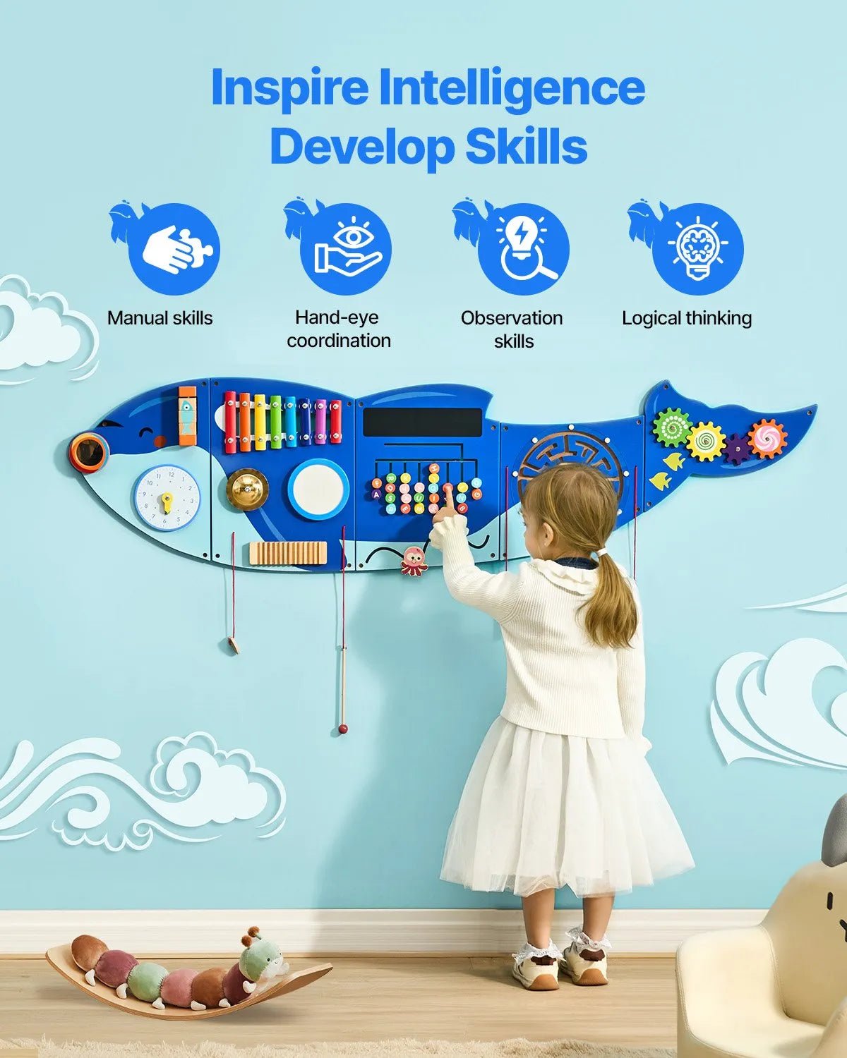 VEVOR Bērnu aktivitāšu sienas panelis “Orca” ar 12 aktivitātēm, Montessori sensorā siena bērniem 3–12 gadiem, mācību aktivitāšu centrs rotaļu istabai, bērnudārzam un klasei - ZEMLETES.LV