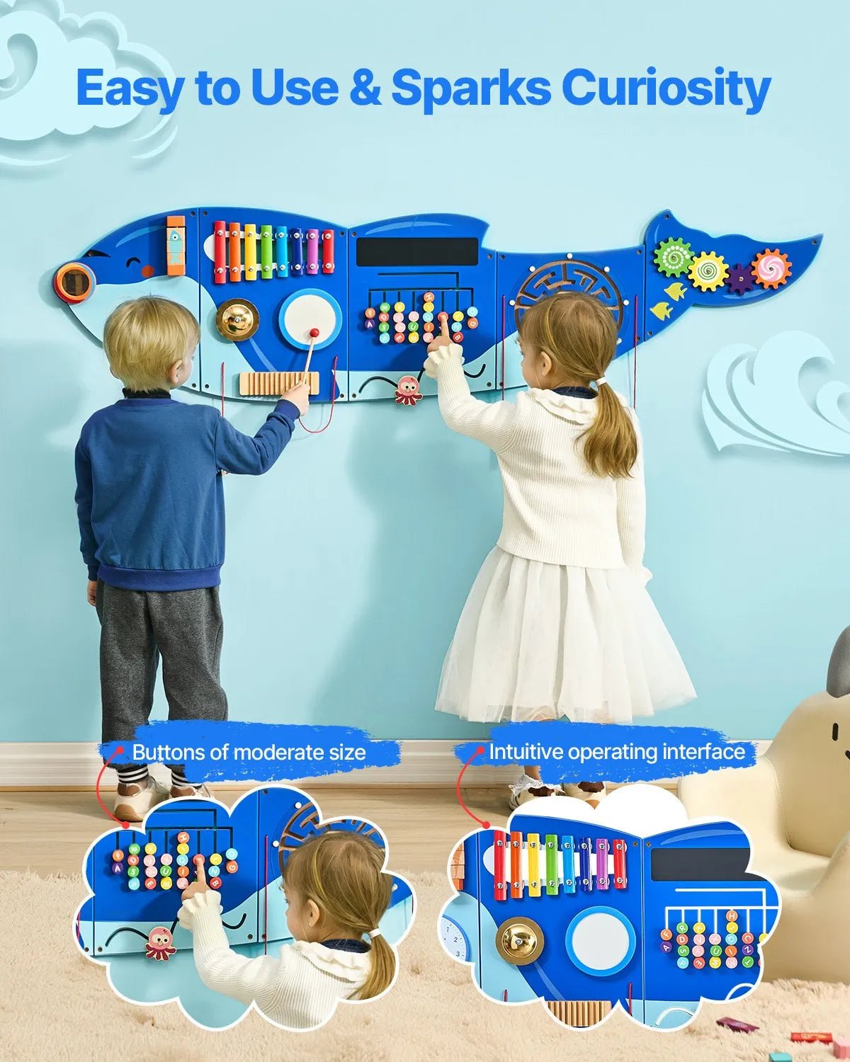 VEVOR Bērnu aktivitāšu sienas panelis “Orca” ar 12 aktivitātēm, Montessori sensorā siena bērniem 3–12 gadiem, mācību aktivitāšu centrs rotaļu istabai, bērnudārzam un klasei - ZEMLETES.LV