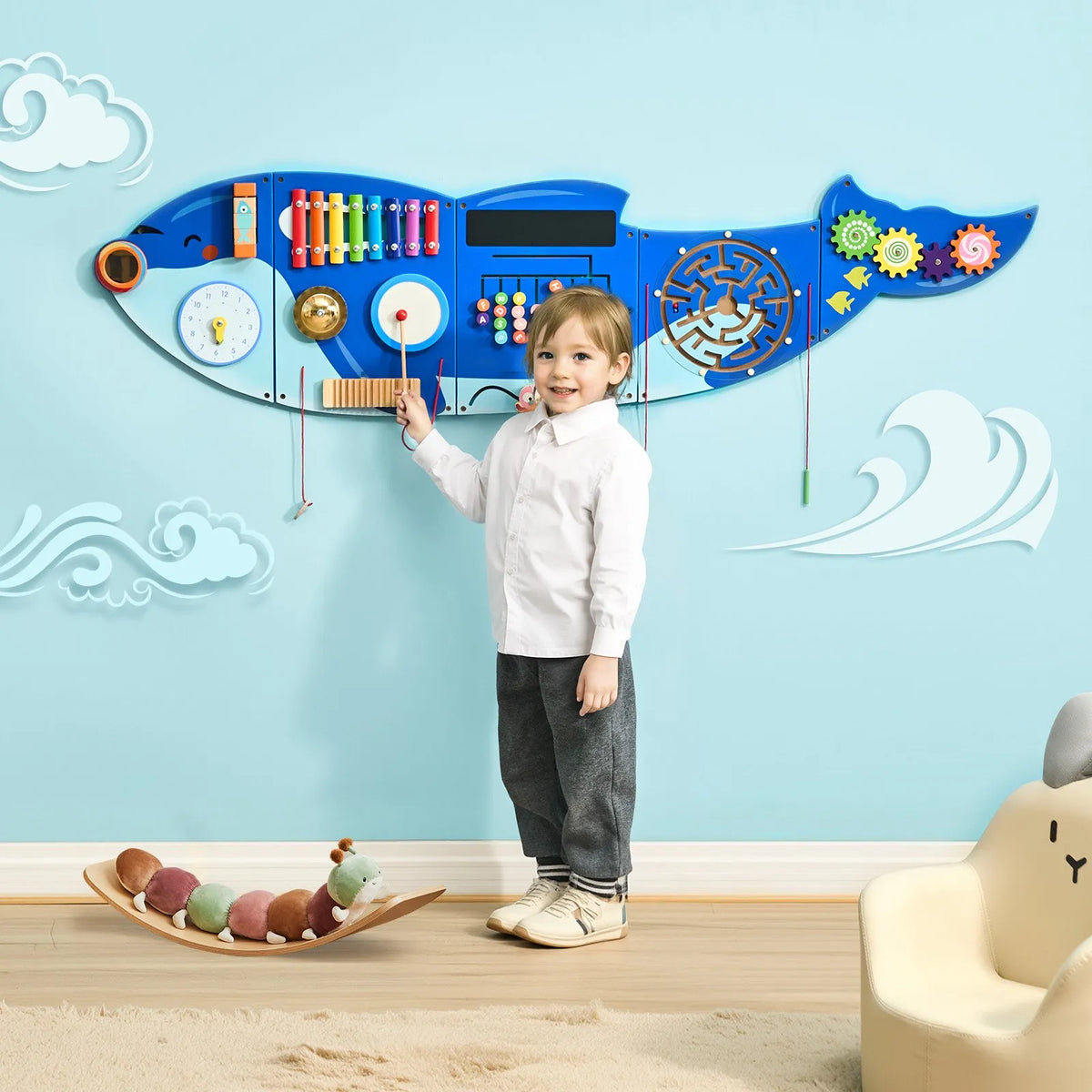VEVOR Bērnu aktivitāšu sienas panelis “Orca” ar 12 aktivitātēm, Montessori sensorā siena bērniem 3–12 gadiem, mācību aktivitāšu centrs rotaļu istabai, bērnudārzam un klasei - ZEMLETES.LV
