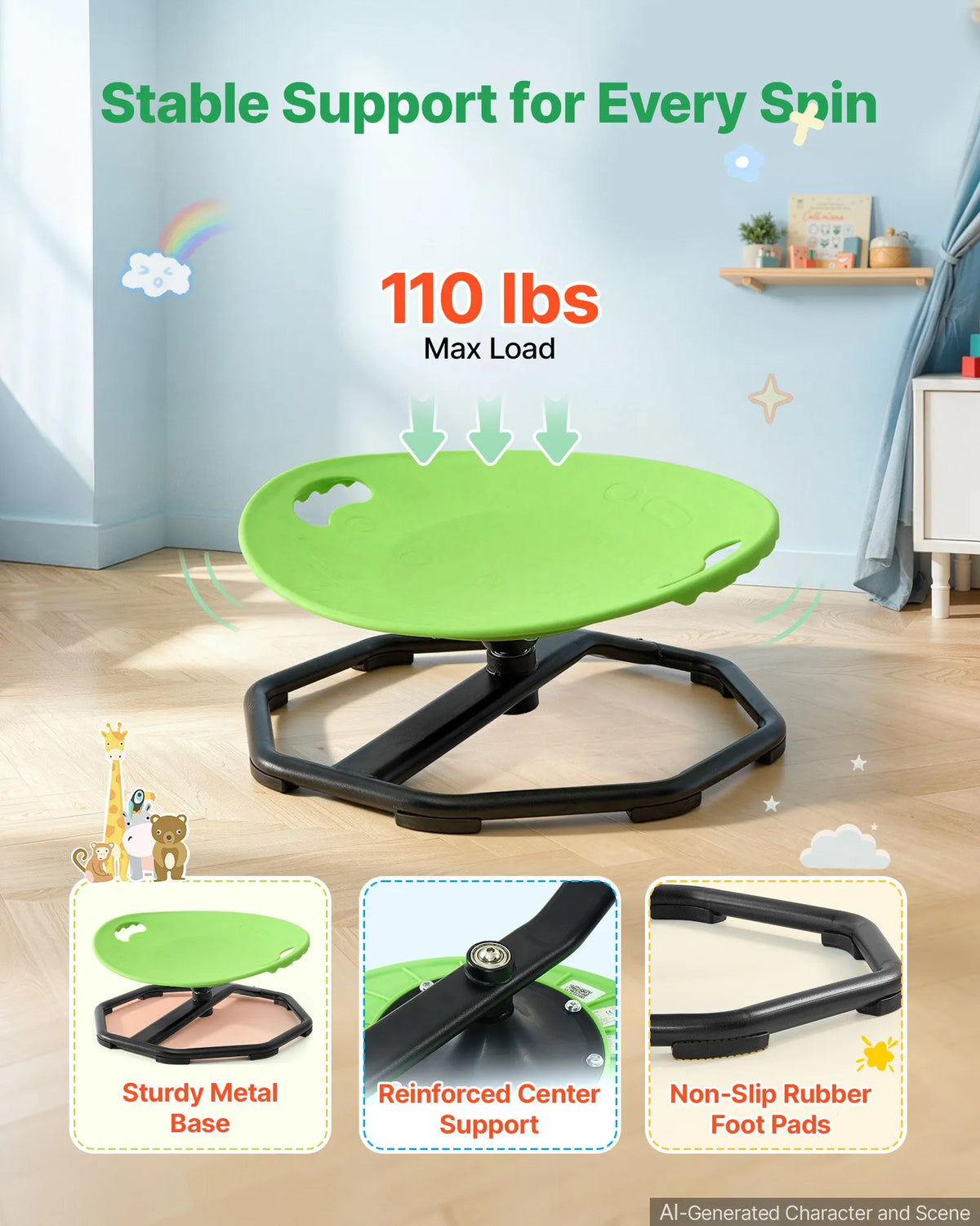 VEVOR bērnu sensorais grozāmais krēsls ar noapaļotu sēdekli, 360° rotācija, 50 kg slodze, 43 × 35,5 cm, zaļš, bērniem no 2 līdz 6 gadiem
