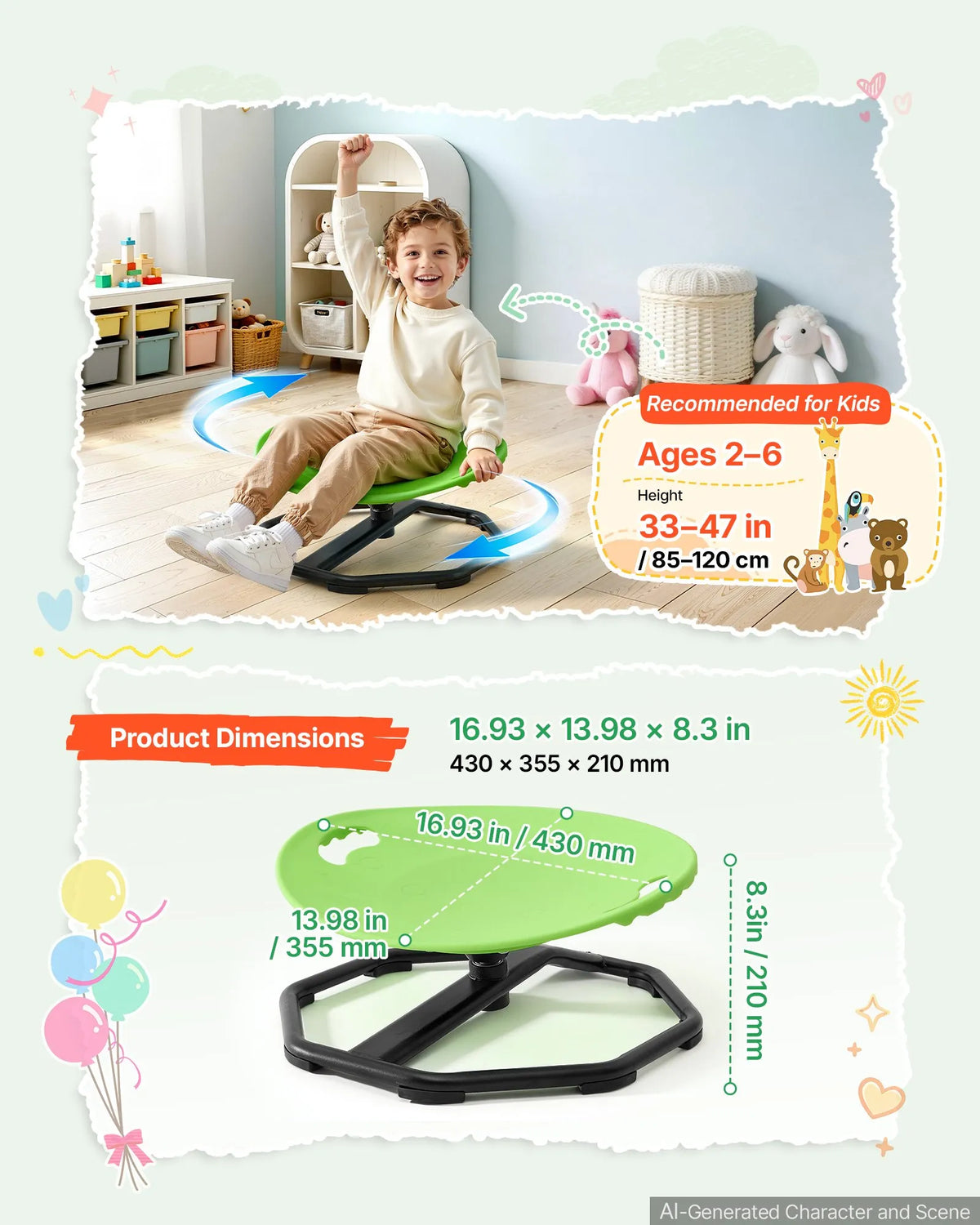 VEVOR bērnu sensorais grozāmais krēsls ar noapaļotu sēdekli, 360° rotācija, 50 kg slodze, 43 × 35,5 cm, zaļš, bērniem no 2 līdz 6 gadiem