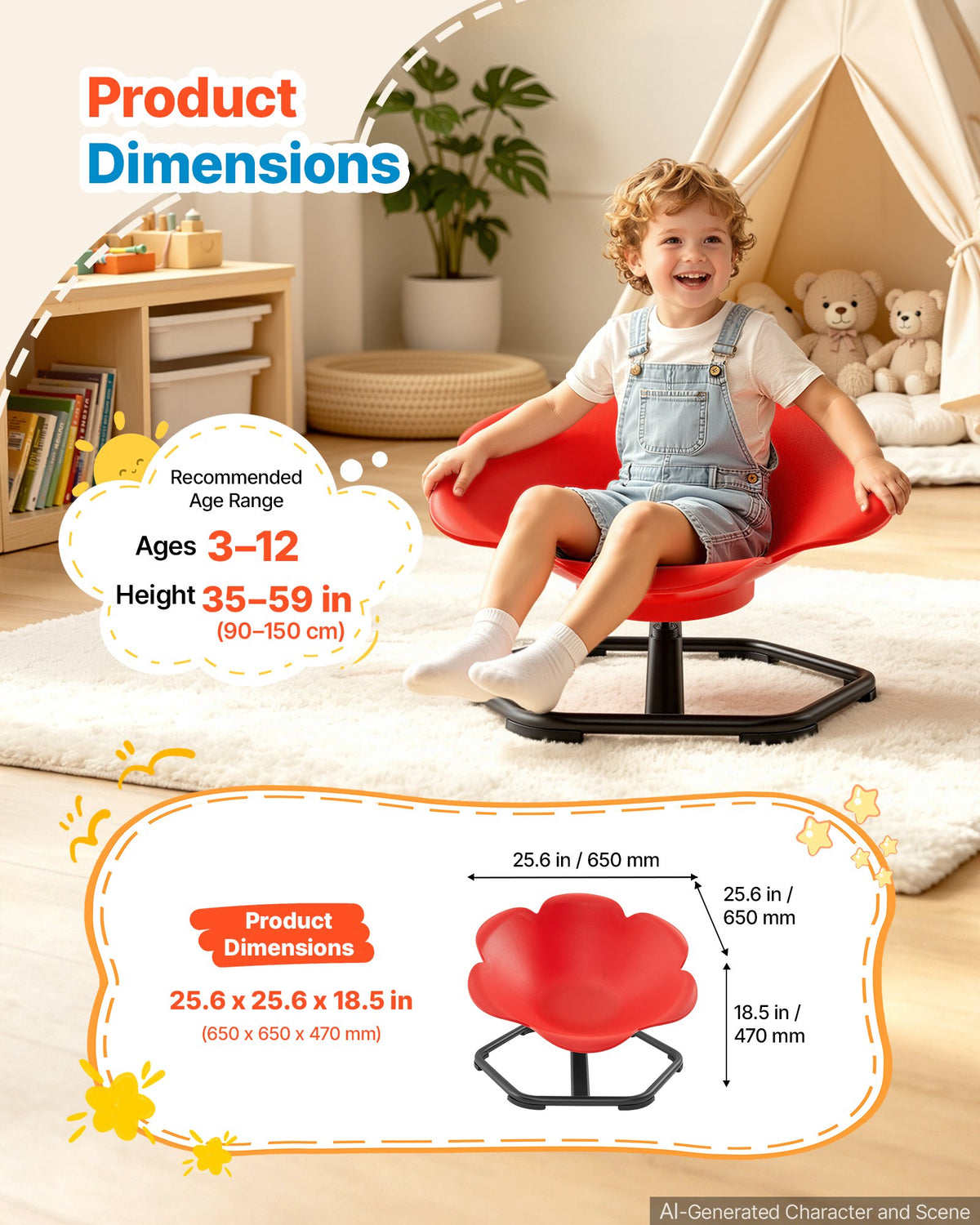 VEVOR bērnu sensorais grozāmais krēsls, 360° rotācija, 100 kg slodze, 65 × 65 cm sēdeklis, sarkans, bērniem no 3 līdz 12 gadiem