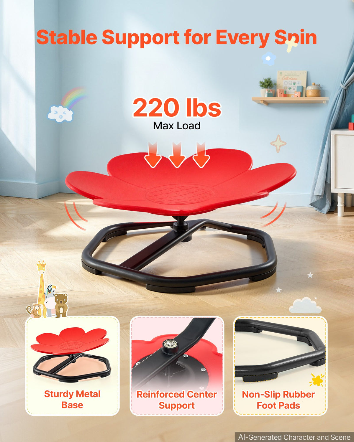 VEVOR bērnu sensorais grozāmais krēsls zieda formā, 360° rotācija, 100 kg slodze, 52,5 × 52,5 cm, sarkans, bērniem no 3 līdz 12 gadiem