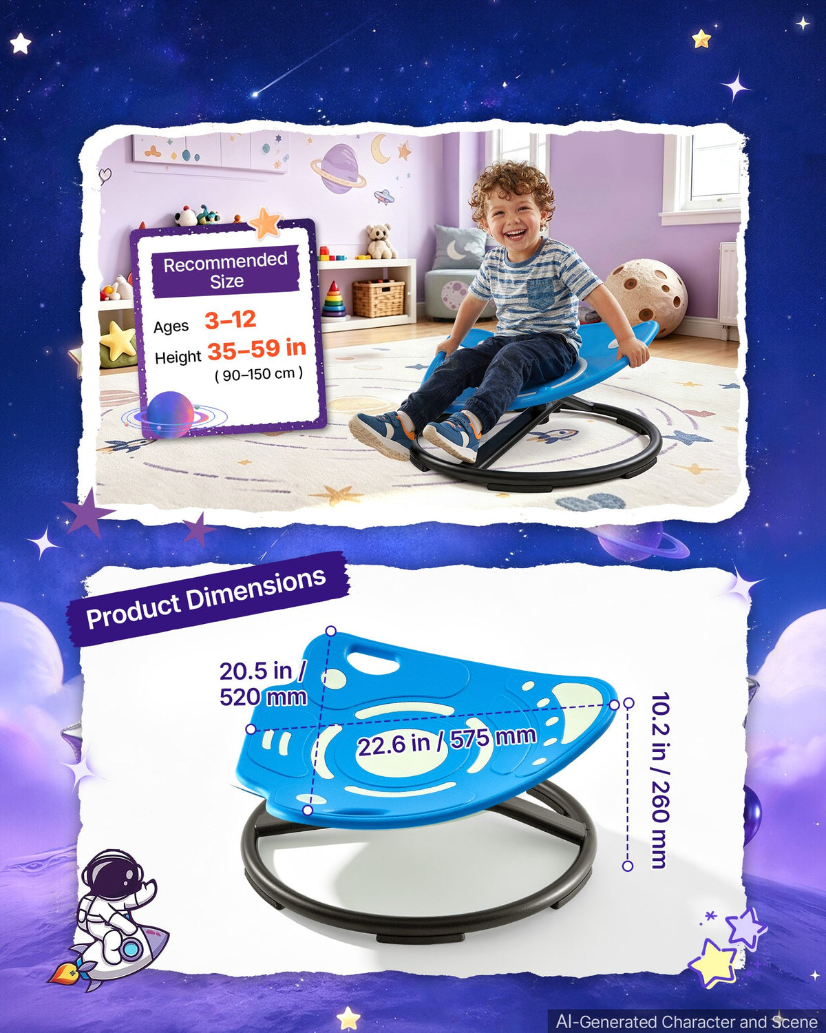 VEVOR bērnu sensorais grozāmais krēsls raķetes formā, spīd tumsā, 360° rotācija, 75 kg slodze, 51,9 × 52 cm, zils, bērniem no 3 līdz 12 gadiem