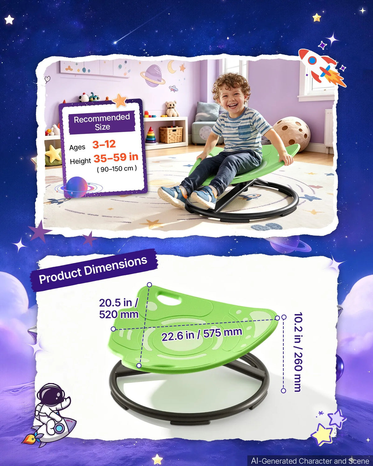 VEVOR bērnu sensorais rotējošais krēsls raķetes formā, 360° griešanās, spīd tumsā, līdz 75 kg, zaļš
