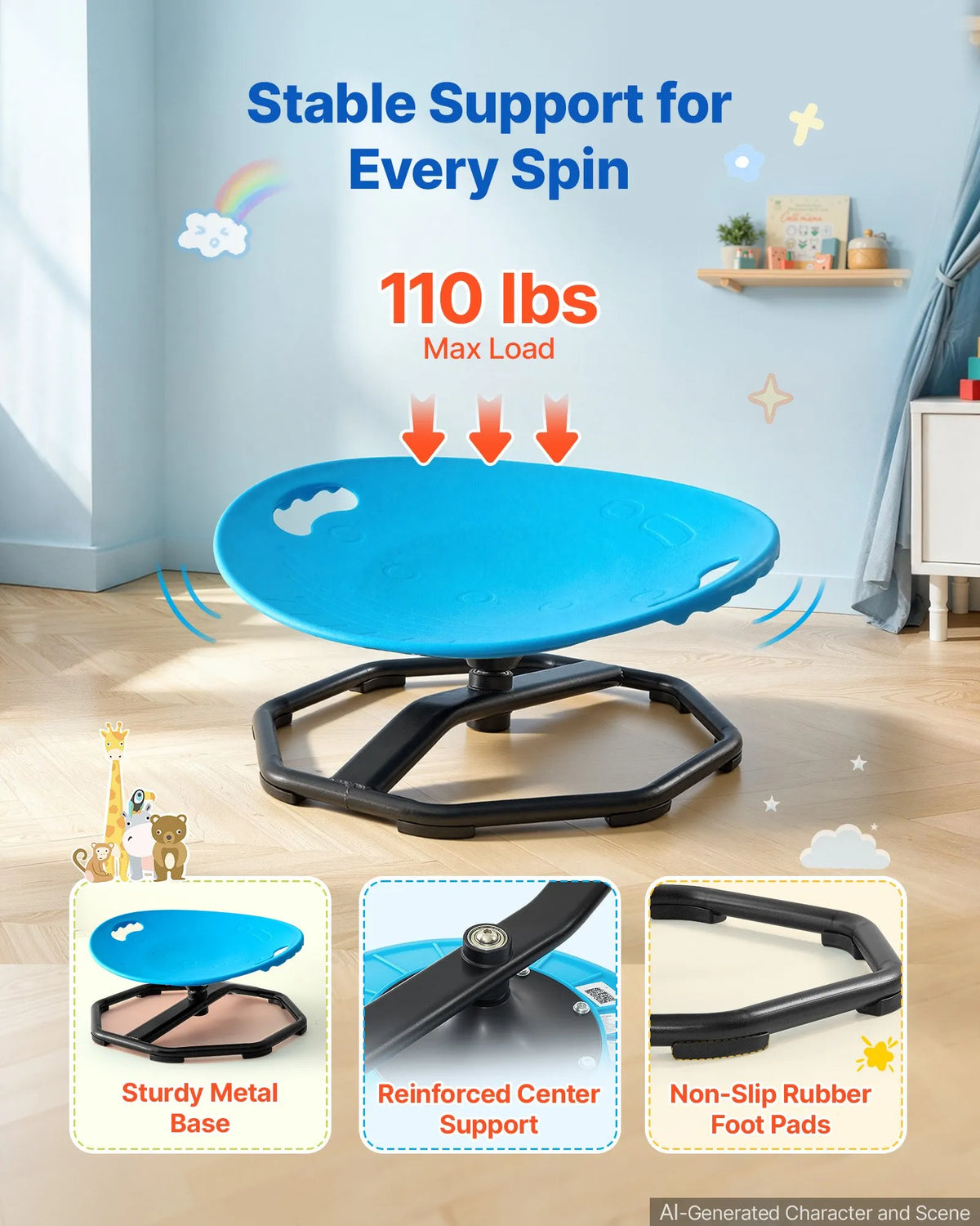 VEVOR bērnu sensorais grozāmais krēsls ar noapaļotu sēdekli, 360° rotācija, 50 kg slodze, 43 × 35,5 cm, zils, bērniem no 2 līdz 6 gadiem
