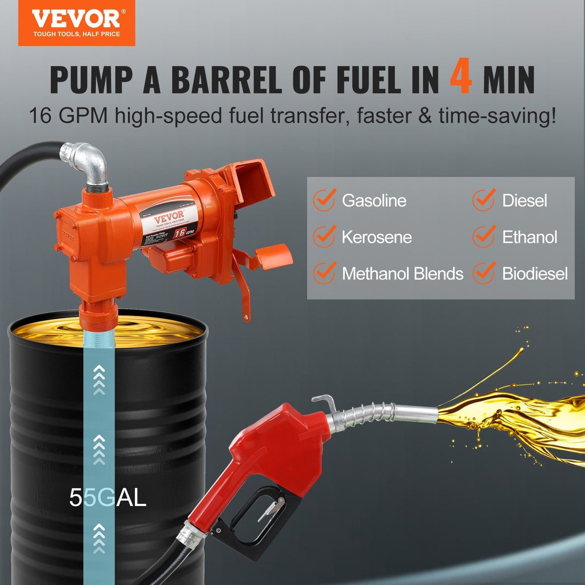 VEVOR degvielas pārsūknēšanas sūknis 12 V DC 60 l/min 0,19 kW ar automātisko pistoli, izplūdes šļūteni un iesūkšanas cauruli benzīnam, dīzeļdegvielai, petrolejai, etanola un metanola maisījumiem un biodīzeļdegvielai - ZEMLETES.LV