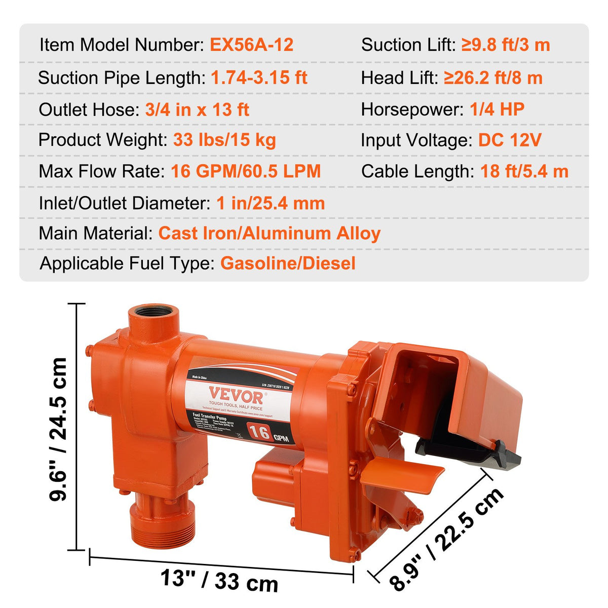 VEVOR degvielas pārsūknēšanas sūknis 12 V DC 60 l/min 0,19 kW ar automātisko pistoli, izplūdes šļūteni un iesūkšanas cauruli benzīnam, dīzeļdegvielai, petrolejai, etanola un metanola maisījumiem un biodīzeļdegvielai - ZEMLETES.LV