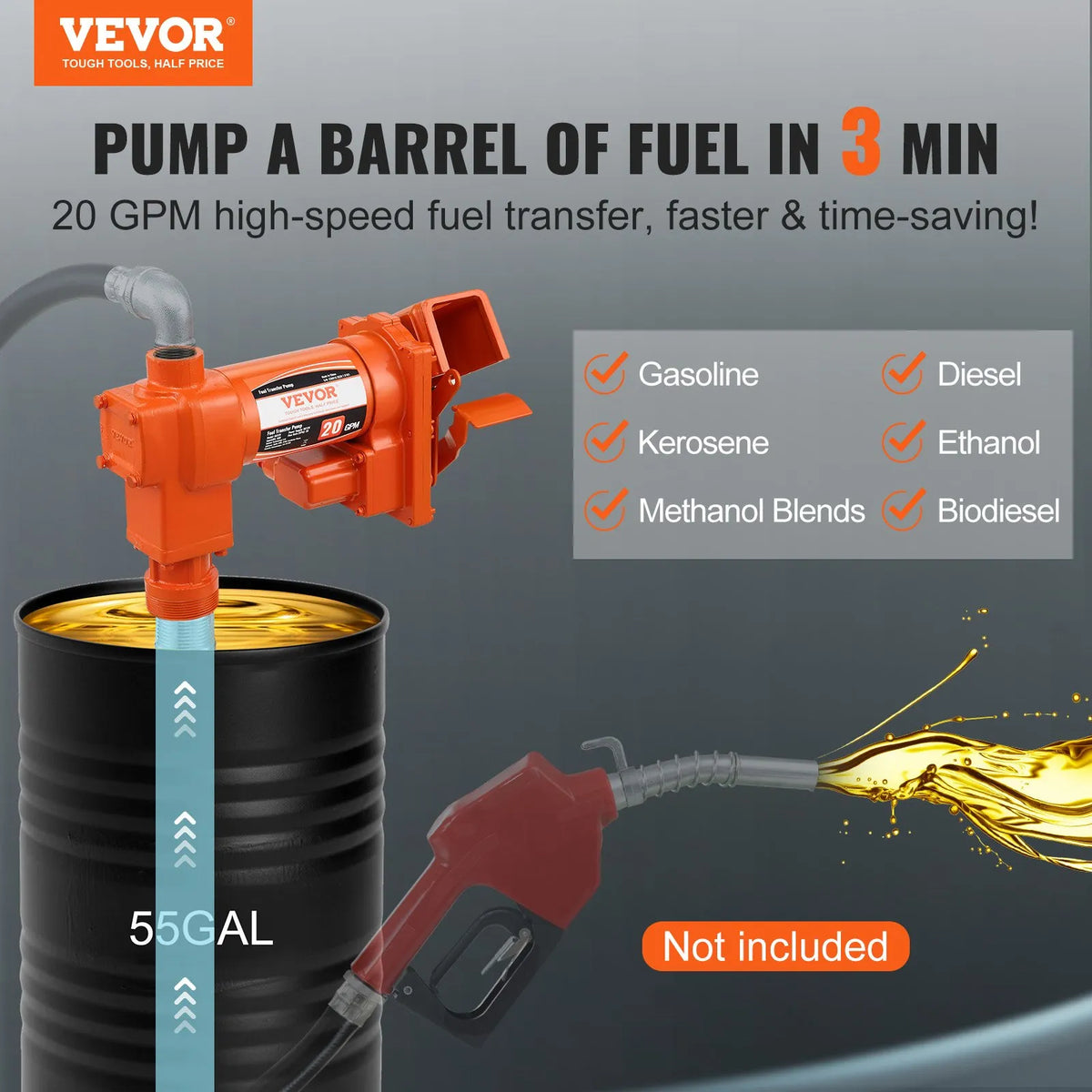 VEVOR degvielas pārsūknēšanas sūknis 12 V DC 76 l/min 0,19 kW ar degvielas savākšanas kasti benzīnam, dīzeļdegvielai, petrolejai, etanola un metanola maisījumiem un biodīzeļdegvielai - ZEMLETES.LV