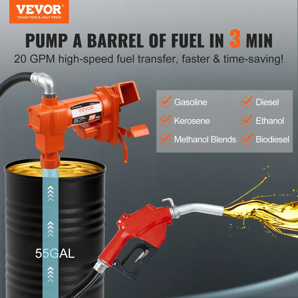 VEVOR degvielas pārsūknēšanas sūknis, 12 V DC, 75,7 l/min, ar automātisku uzgalīti, izplūdes šļūteni un sūkšanas cauruli, degvielas, dīzeļdegvielas, –kerezeņa, etanola, metanola maisījumiem un biodīzeļdegvielai - ZEMLETES.LV