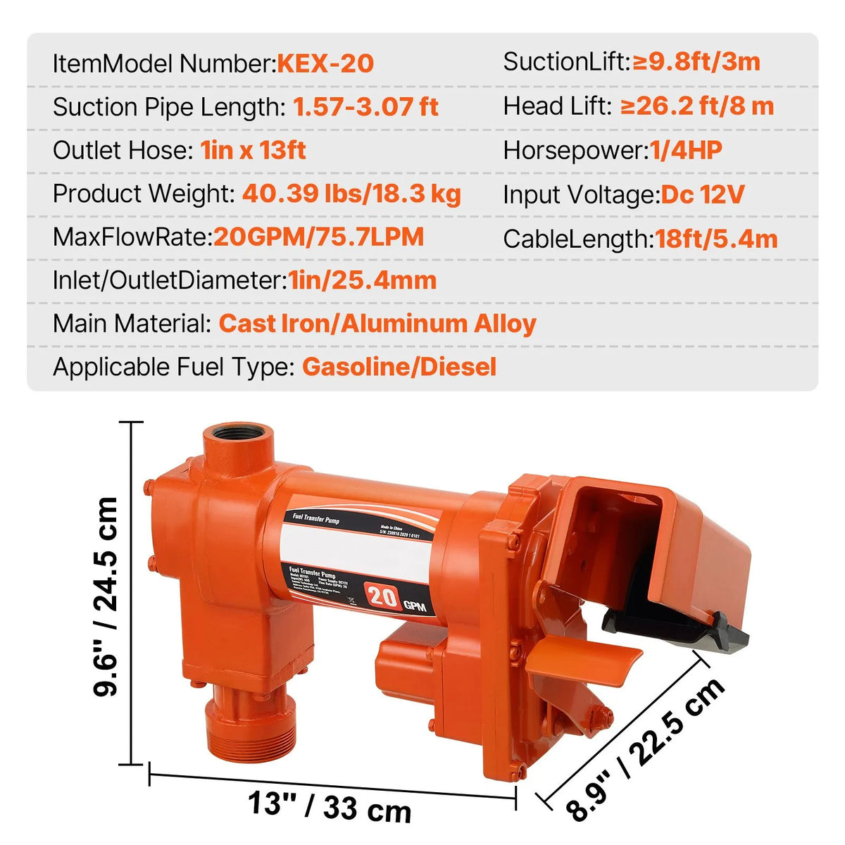 VEVOR degvielas pārsūknēšanas sūknis, 12 V DC, 75,7 l/min, ar automātisku uzgalīti, izplūdes šļūteni un sūkšanas cauruli, degvielas, dīzeļdegvielas, –kerezeņa, etanola, metanola maisījumiem un biodīzeļdegvielai - ZEMLETES.LV