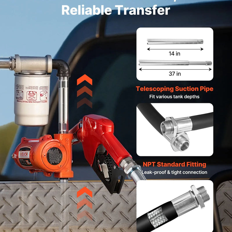 VEVOR degvielas pārsūknēšanas sūknis 12 V DC, 40 L/min, portatīvs dīzeļdegvielas sūkņa komplekts ar automātisku izslēgšanās pistoli, izplūdes šļūteni, pārkaršanas aizsardzību un barošanas kabeli, sprādziendrošs, benzīnam, dīzeļdegvielai un petrolejai