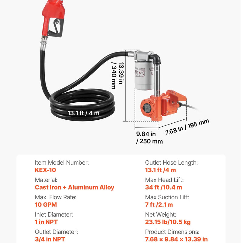 VEVOR degvielas pārsūknēšanas sūknis 12 V DC, 40 L/min, portatīvs dīzeļdegvielas sūkņa komplekts ar automātisku izslēgšanās pistoli, izplūdes šļūteni, pārkaršanas aizsardzību un barošanas kabeli, sprādziendrošs, benzīnam, dīzeļdegvielai un petrolejai