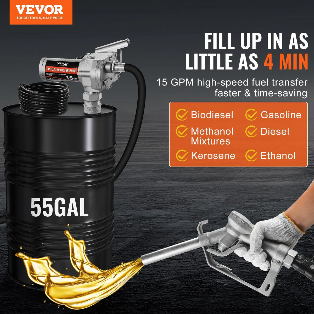 VEVOR degvielas pārsūknēšanas sūknis 12 V DC 57 l/min 149 W ar automātisku degvielas pistoli un garu ieplūdes un izplūdes šļūteni benzīnam, dīzeļdegvielai, petrolejai un etanola maisījumiem - ZEMLETES.LV