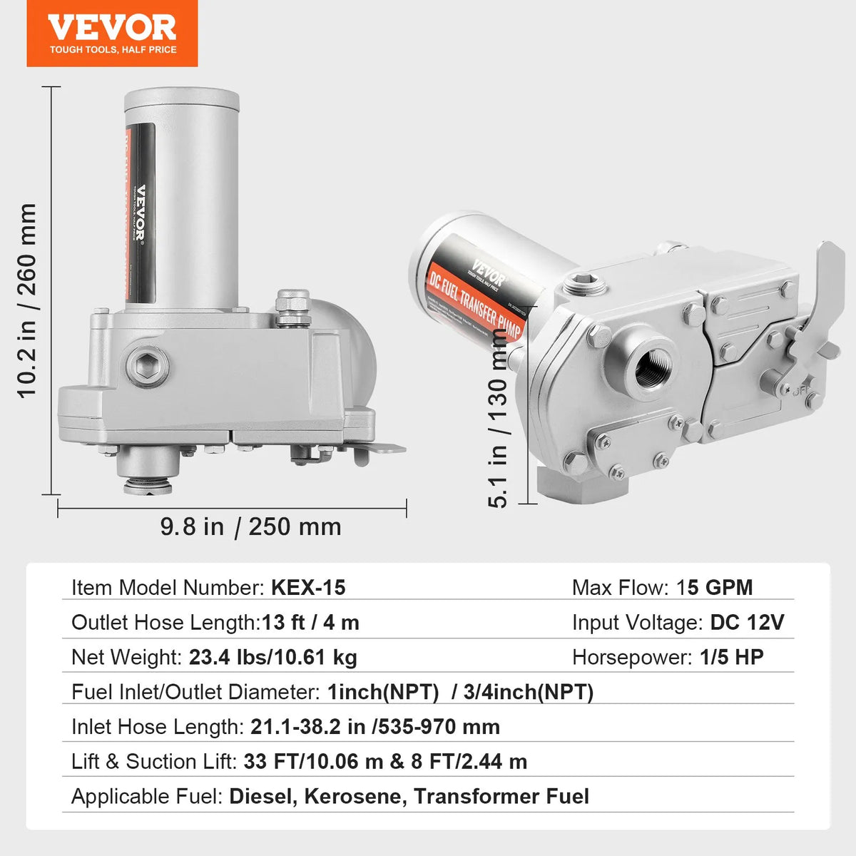 VEVOR degvielas pārsūknēšanas sūknis 12 V DC 57 l/min 149 W ar automātisku degvielas pistoli un garu ieplūdes un izplūdes šļūteni benzīnam, dīzeļdegvielai, petrolejai un etanola maisījumiem - ZEMLETES.LV