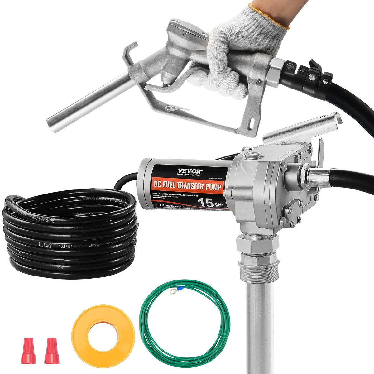 VEVOR degvielas pārsūknēšanas sūknis 12 V DC 57 l/min 149 W ar automātisku degvielas pistoli un garu ieplūdes un izplūdes šļūteni benzīnam, dīzeļdegvielai, petrolejai un etanola maisījumiem - ZEMLETES.LV