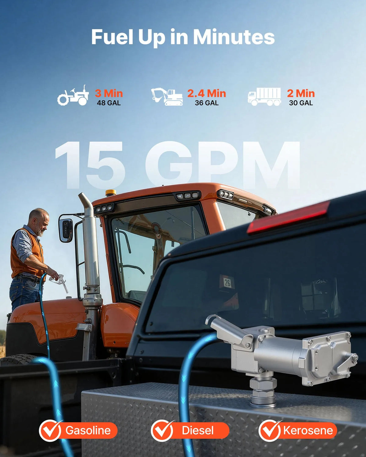 VEVOR degvielas pārsūknēšanas sūknis 12 V DC 57 l/min 1/3 ZS sprādziendrošs ar manuālu pistoli un izplūdes šļūteni benzīnam, dīzeļdegvielai un petrolejai - ZEMLETES.LV