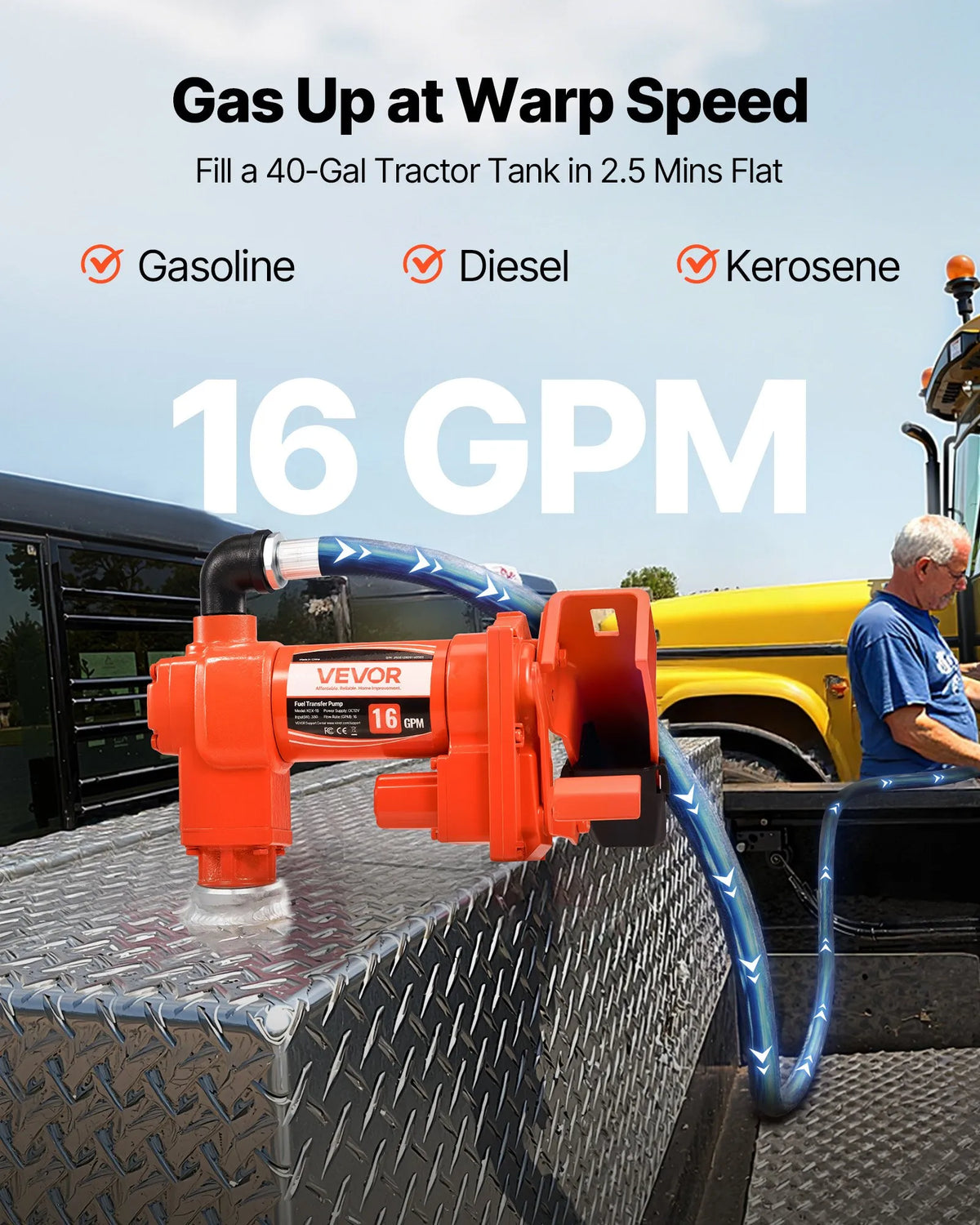 VEVOR degvielas pārsūknēšanas sūknis 12 V DC 61 l/min 186 W ar manuālu degvielas pistoli, izplūdes šļūteni un iesūkšanas cauruli benzīnam, dīzeļdegvielai, petrolejai, etanola–metanola maisījumiem un biodīzeļdegvielai - ZEMLETES.LV