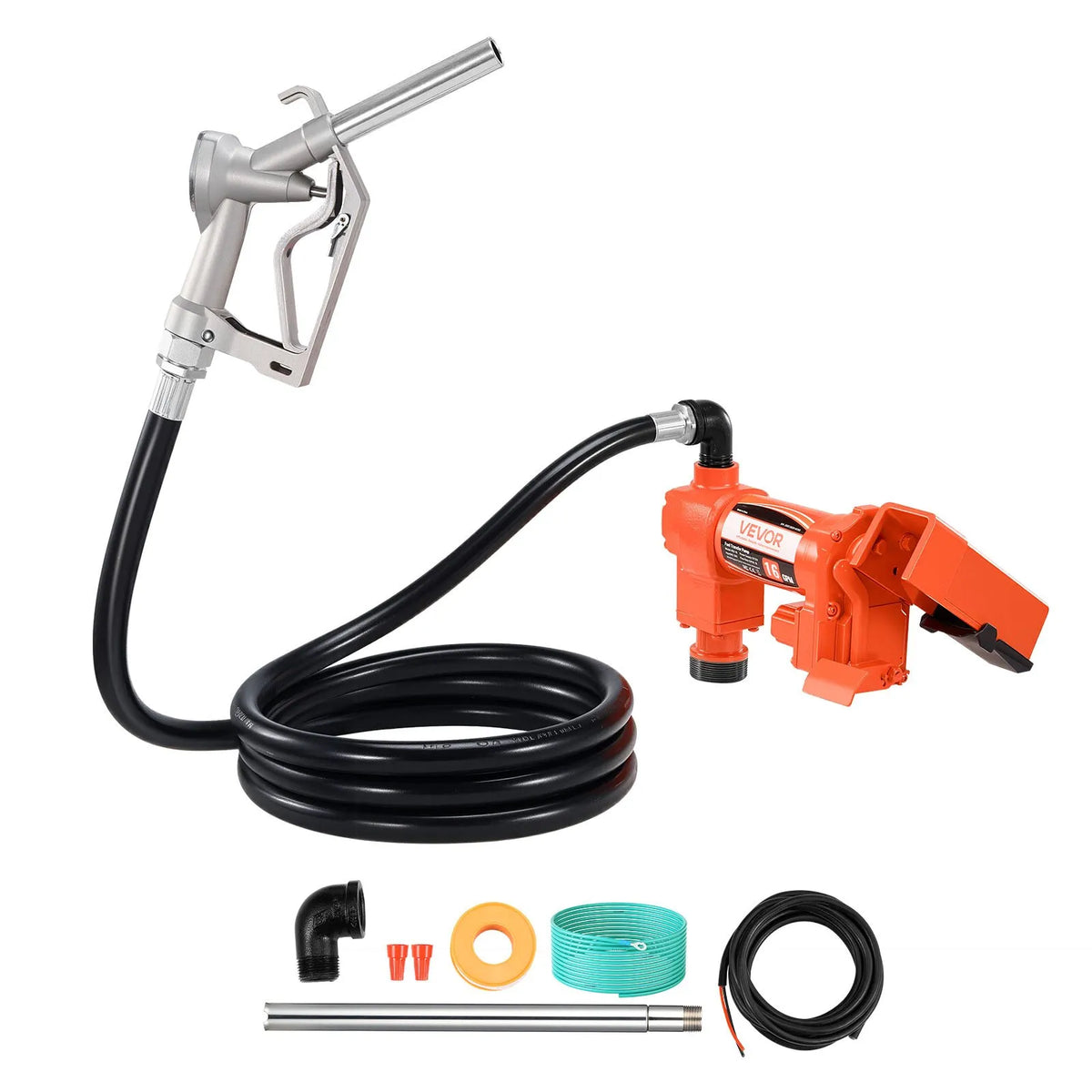 VEVOR degvielas pārsūknēšanas sūknis 12 V DC 61 l/min 186 W ar manuālu degvielas pistoli, izplūdes šļūteni un iesūkšanas cauruli benzīnam, dīzeļdegvielai, petrolejai, etanola–metanola maisījumiem un biodīzeļdegvielai - ZEMLETES.LV