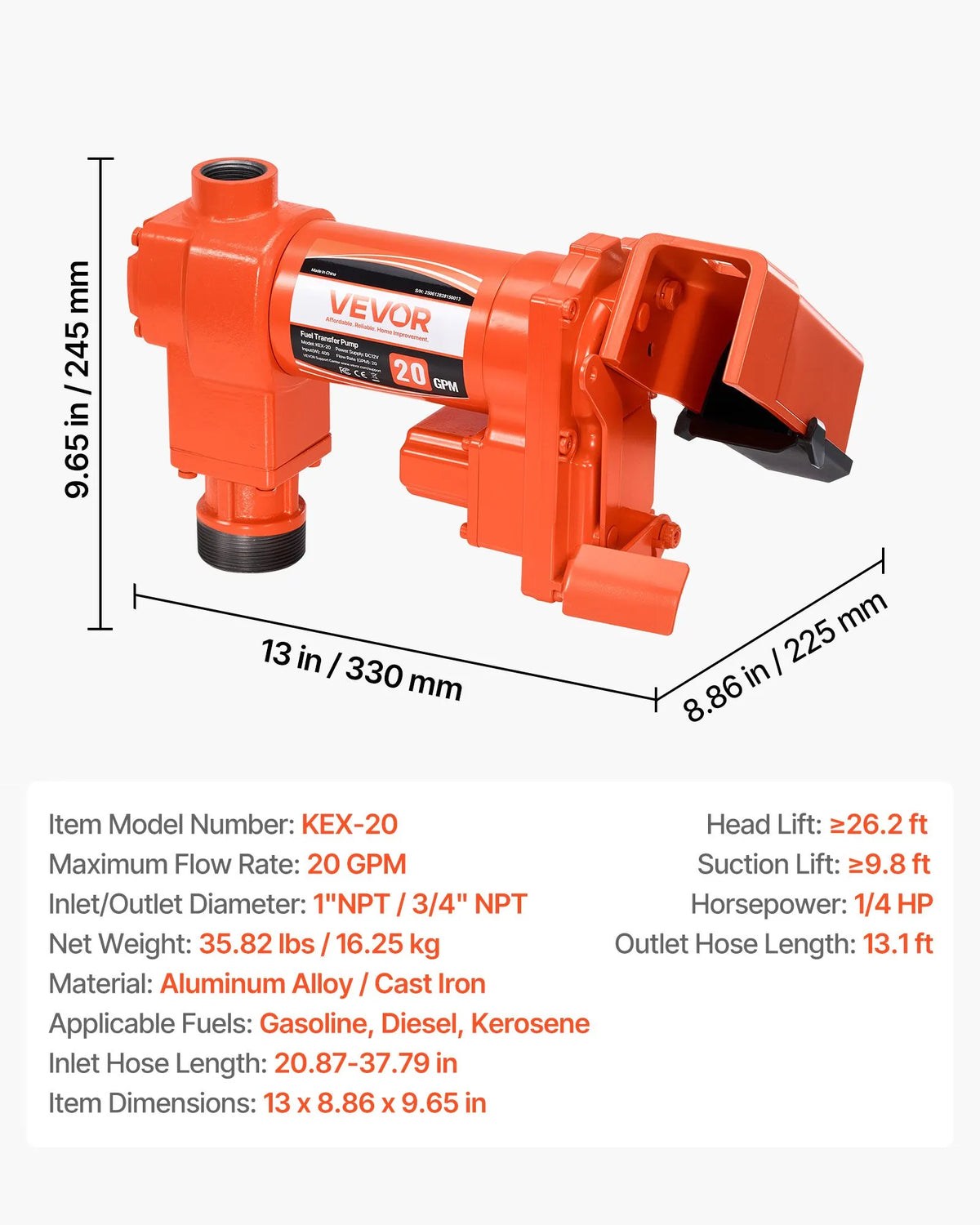 VEVOR degvielas pārsūknēšanas sūknis, 12 V DC, 76 l/min, 186 W, dīzeļdegvielas sūknis ar manuālu uzpildes pistoli, izplūdes šļūteni, sūkšanas cauruli, piemērots benzīnam, dīzeļdegvielai, petrolejai, etanola, metanola maisījumiem, kā arī biodīzeļdegvielai - ZEMLETES.LV