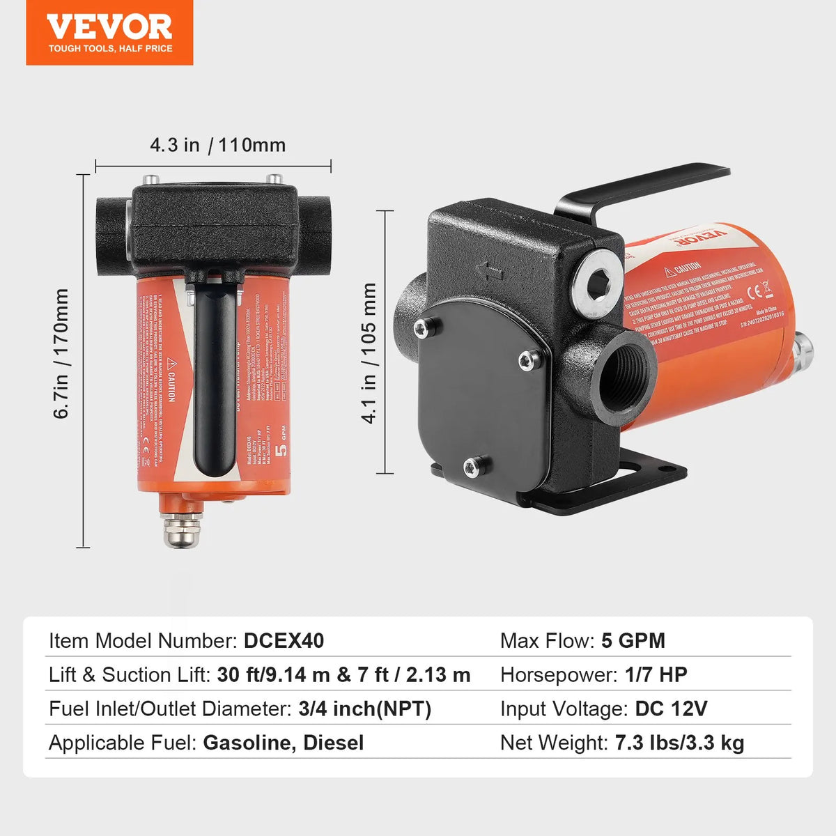 VEVOR degvielas pārsūknēšanas sūknis, 12 V DC, 19 l/min, 75 W, portatīvs elektriskais dīzeļdegvielas sūknis ar automātisku uzpildes pistoli, garu ieplūdes un izplūdes šļūteni benzīnam, dīzeļdegvielai, petrolejai un metanola maisījumiem - ZEMLETES.LV