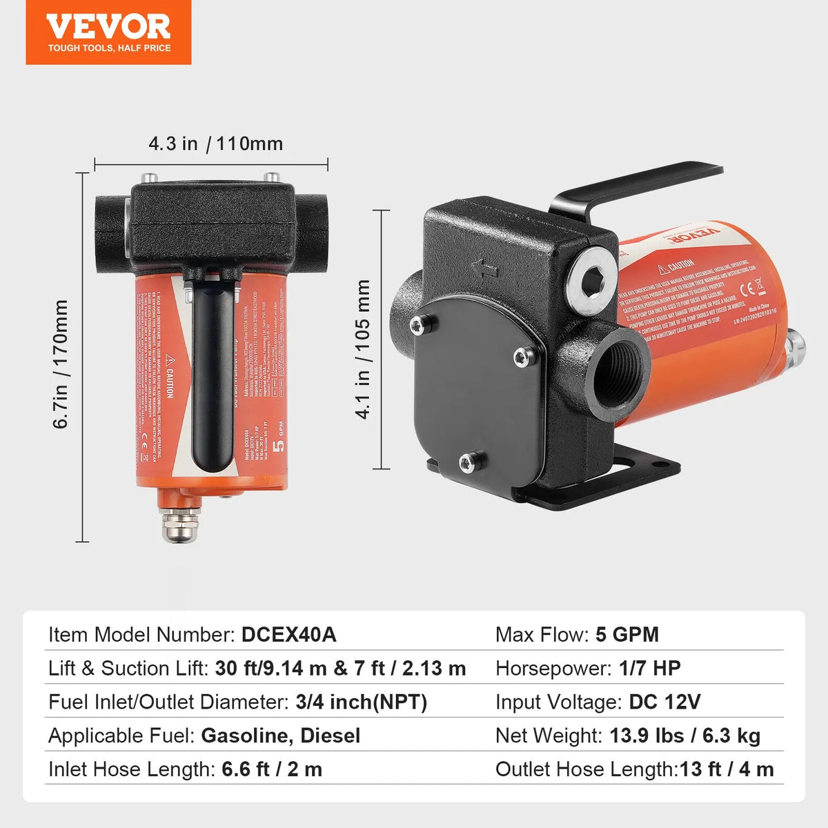 VEVOR degvielas pārsūknēšanas sūknis, 12 V DC, 19 l/min (5,3 GPM), 75 W (1/10 HP), portatīvs elektriskais dīzeļdegvielas pārsūknēšanas sūknis ar automātisko uzpildes pistoli, garu ieplūdes, izplūdes šļūteni, piemērots benzīnam, dīzeļdegvielai, petrolejai. - ZEMLETES.LV