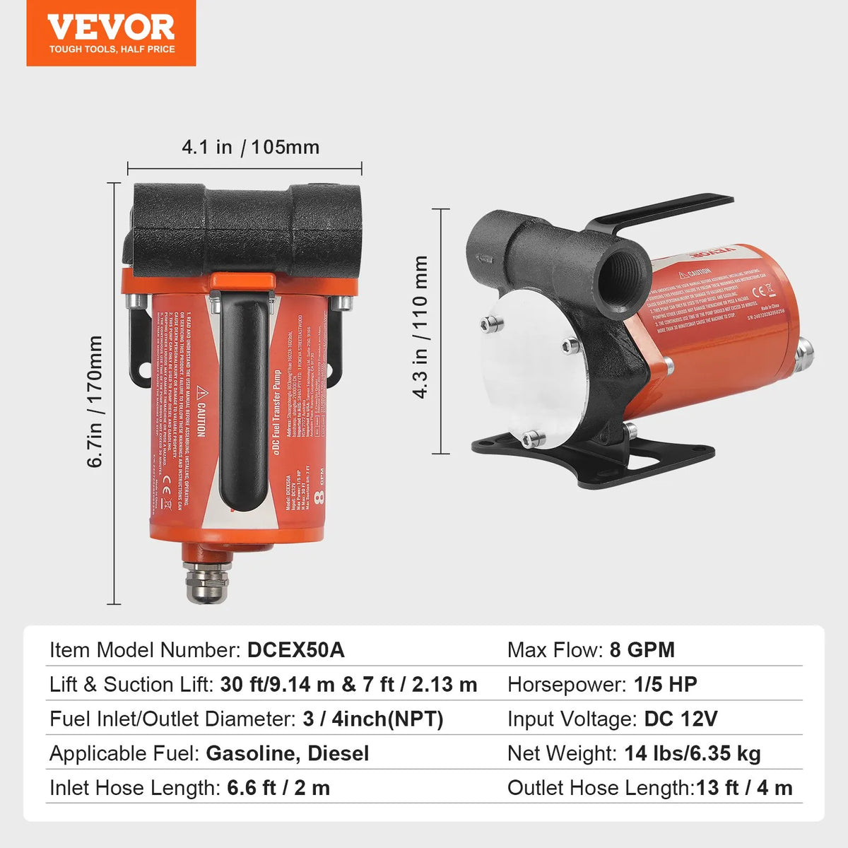 VEVOR degvielas pārsūknēšanas sūknis, 12 V DC, 30 l/min, 124 W, portatīvs elektriskais dīzeļdegvielas sūknis ar automātisku uzpildes pistoli, garu ieplūdes un izplūdes šļūteni benzīnam, dīzeļdegvielai, petrolejai un metanola maisījumiem - ZEMLETES.LV
