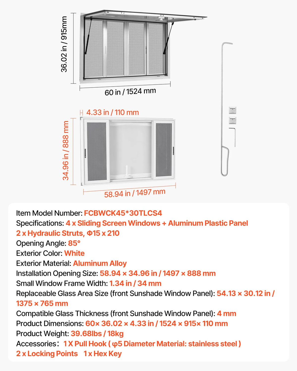 VEVOR 1524 × 915 mm izsniegšanas logs pārtikas furgonam ar 4 sieta logiem