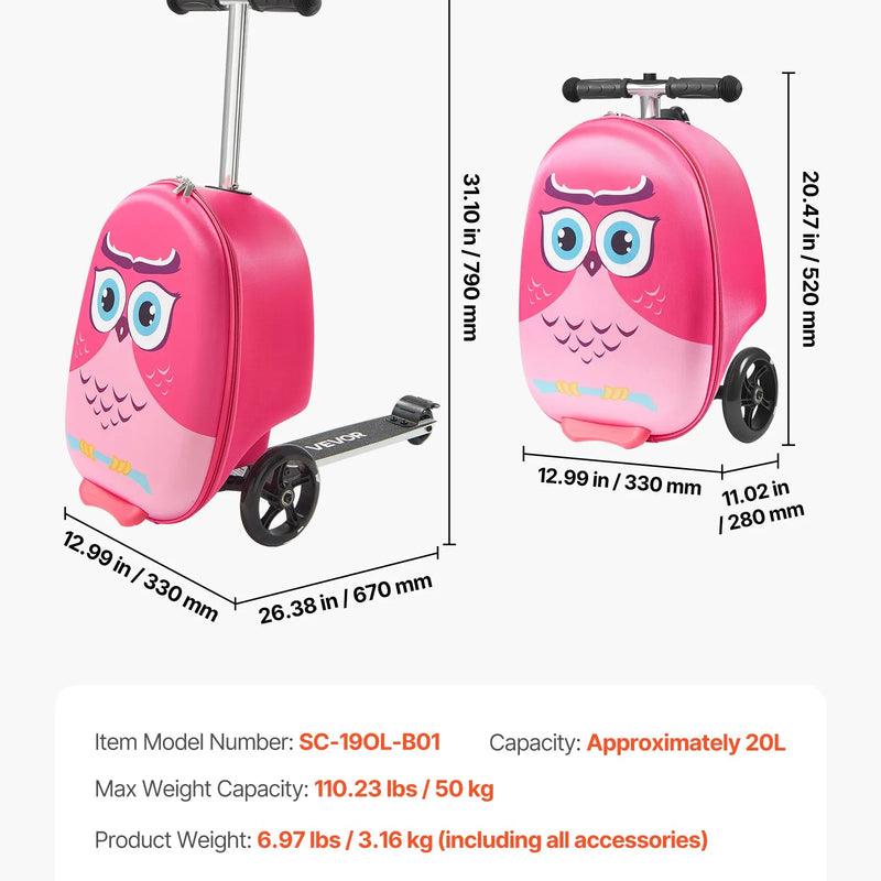 VEVOR bērnu skrejkoferis 20 l, 50,8 cm ar LED PU riteņiem, regulējamu rokturi un neslīdošu TPR rokturi, salokāms un viegls koferis bērniem no 5 gadiem rozā krāsā - ZEMLETES.LV