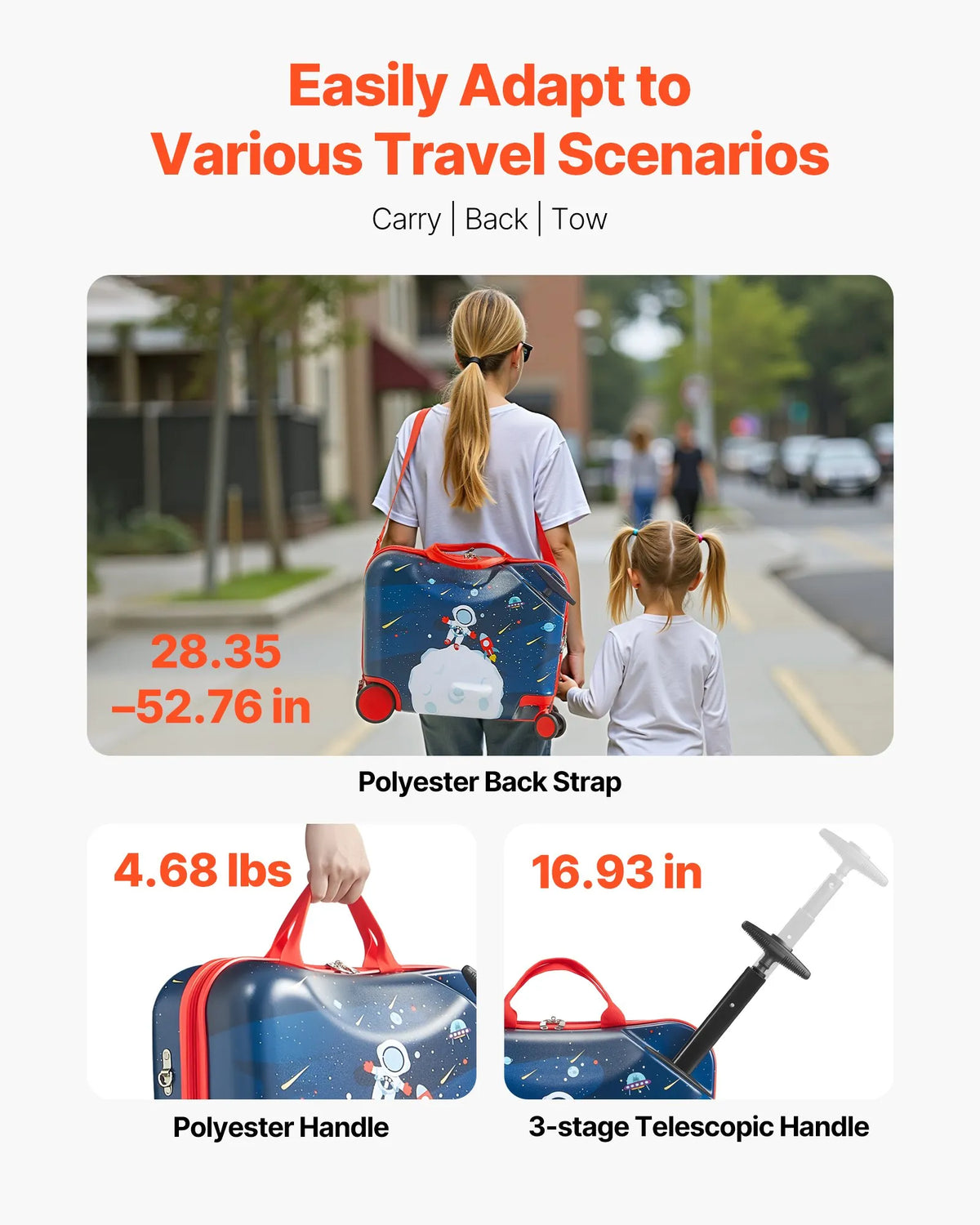 VEVOR bērnu braucamais koferis 26 l, 45,7 cm uz riteņiem ar plecu siksnu, viegls rokas bagāžas koferis bērniem no 3 gadiem zilā un baltā krāsā - ZEMLETES.LV