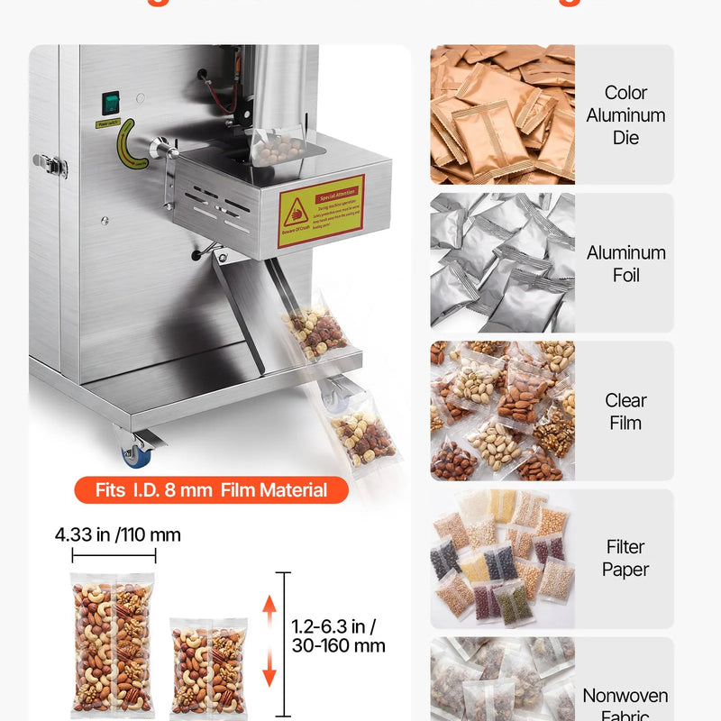 VEVOR pulvera un granulu pildīšanas un iepakošanas iekārta, 3–200 g automātiska daļiņu/granulu fasēšanas iekārta ar svēršanas, pildīšanas, aizvēršanas funkciju, nerūsējošā tērauda, kafijas pupiņām, tējai, garšvielām u.c. sudraba krāsā