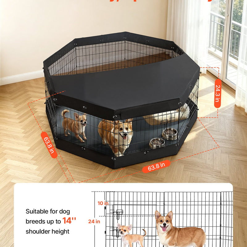 VEVOR suņu voljērs 61 cm, 8 paneļi, 162 × 162 cm, salokāms metāla nožogojums ar durvīm, augšējo pārsegu un ūdensizturīgu apakšējo paliktni, kucēniem, suņiem, kaķiem un maziem dzīvniekiem