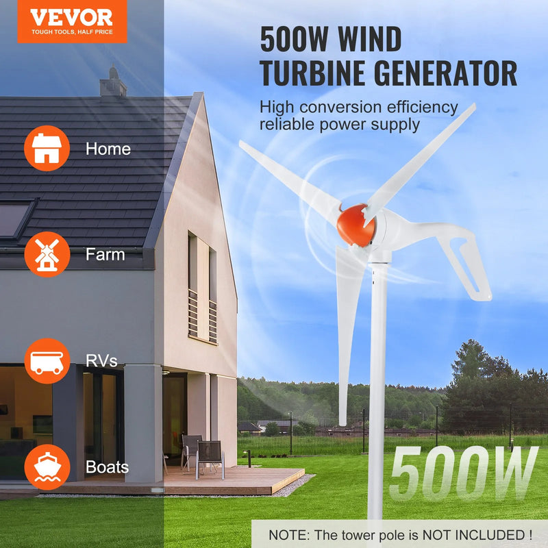 VEVOR 500 W vēja turbīnas ģenerators, 12 V vēja enerģijas ģenerators, 3 lāpstiņu vēja turbīnas komplekts ar anemometru, MPPT kontrolieri un regulējamu vēja virzienu, piemērots mājai, saimniecībai, kemperim un laivai