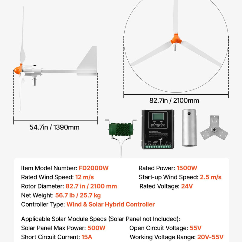 VEVOR 1500 W 24 V vēja turbīnas ģenerators, 3 lāpstiņu vēja turbīnas komplekts ar vēja/saules hibrīda kontrolieri, efektīvs 3 fāžu maiņstrāvas pastāvīgo magnētu vēja enerģijas ģenerators kemperiem, laivām, mājai un saimniecībai, tornis/masts nav iekļauts