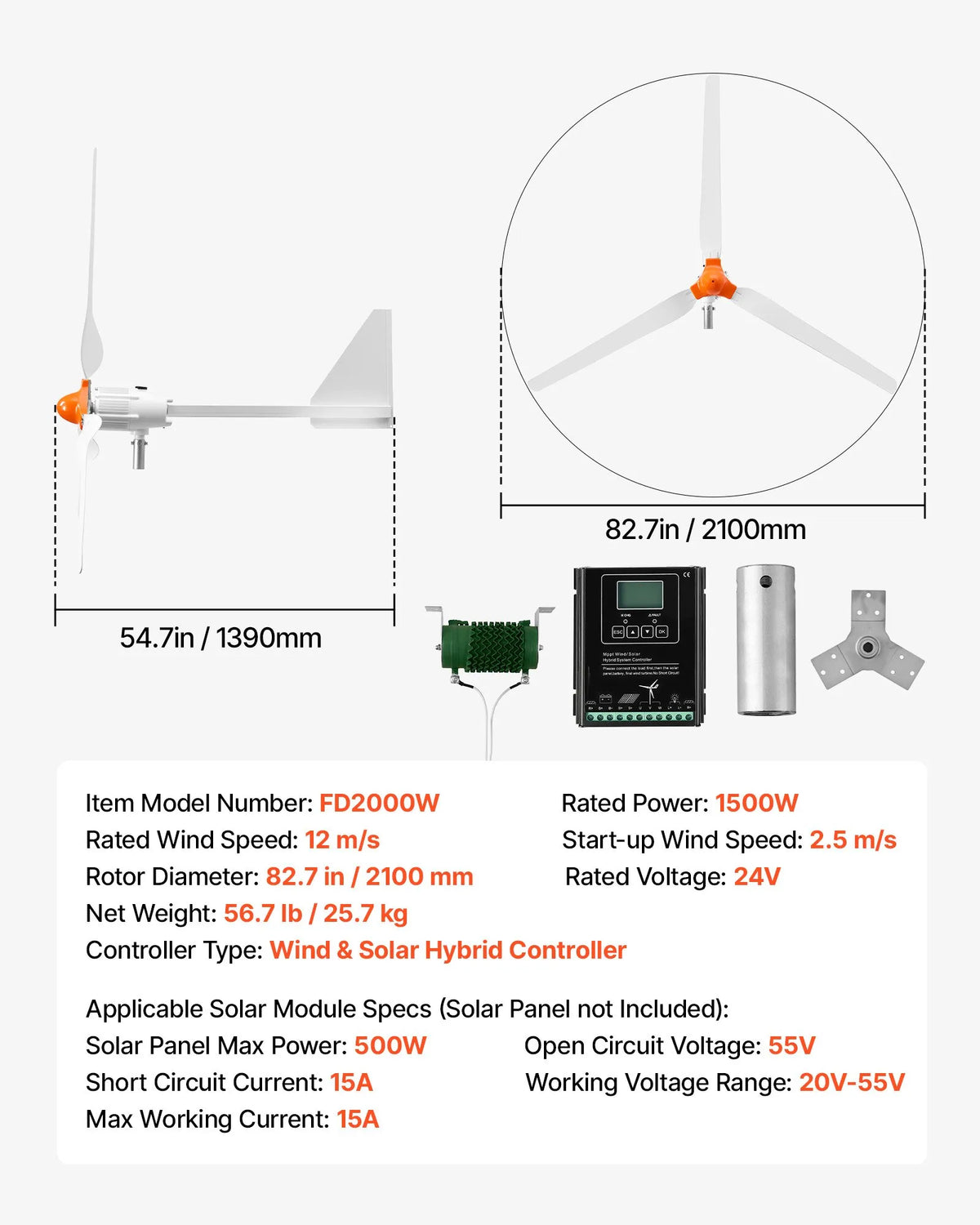 VEVOR 1500 W 24 V vēja turbīnas ģenerators, 3 lāpstiņu vēja turbīnas komplekts ar vēja/saules hibrīda kontrolieri, efektīvs 3 fāžu maiņstrāvas pastāvīgo magnētu vēja enerģijas ģenerators kemperiem, laivām, mājai un saimniecībai, tornis/masts nav iekļauts