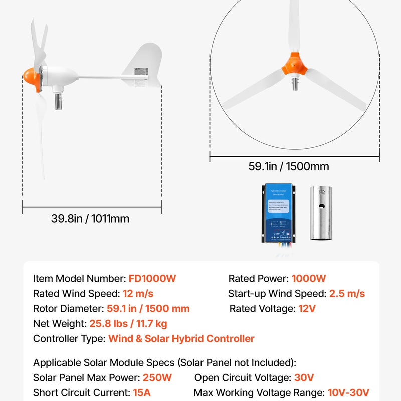 VEVOR 1000 W 12 V vēja turbīnas ģenerators, 3 lāpstiņu vēja turbīnas komplekts ar vēja/saules hibrīdo kontrolieri, efektīvs 3 fāžu maiņstrāvas pastāvīgo magnētu vēja enerģijas ģenerators kemperiem, laivām, mājai un saimniecībai, tornis/masts nav iekļauts