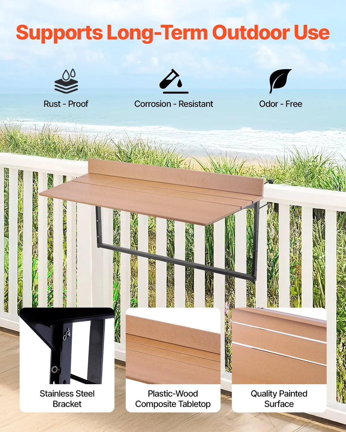 VEVOR Hanging Balcony Table 38 × 99 cm, Foldable Railing Table with 5-Level Height Adjustment, Suitable for Railings 2.5–13.5 cm Thick, Serving Table for Balcony and Terrace