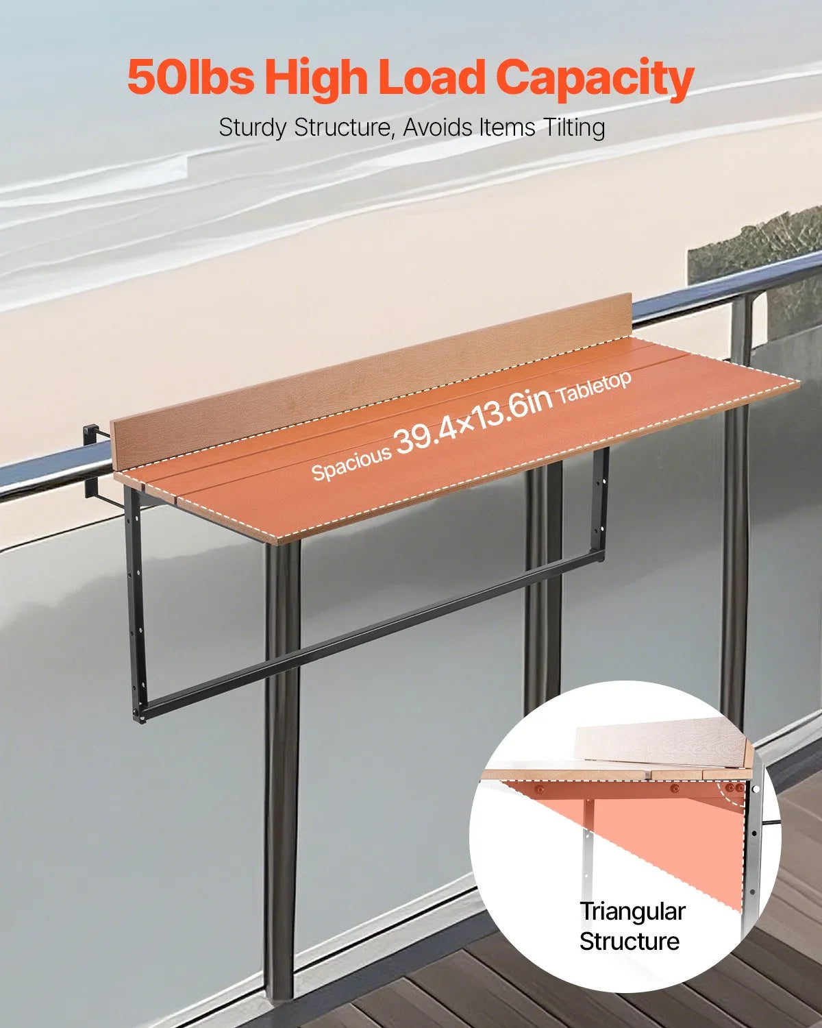 VEVOR Hanging Balcony Table 38 × 99 cm, Foldable Railing Table with 5-Level Height Adjustment, Suitable for Railings 2.5–13.5 cm Thick, Serving Table for Balcony and Terrace