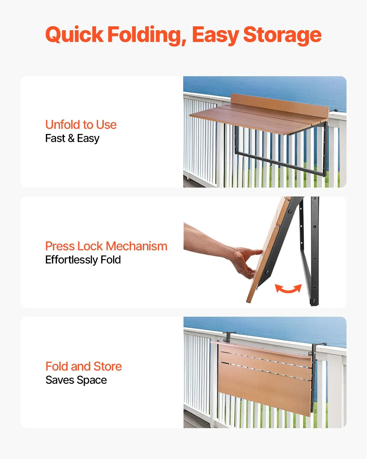 VEVOR Hanging Balcony Table 38 × 99 cm, Foldable Railing Table with 5-Level Height Adjustment, Suitable for Railings 2.5–13.5 cm Thick, Serving Table for Balcony and Terrace