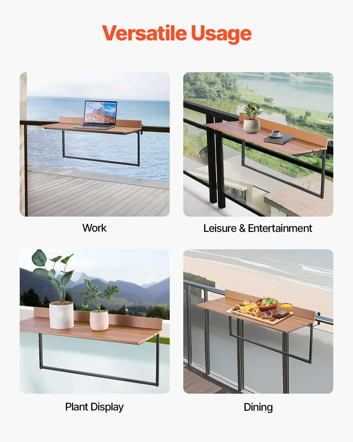 VEVOR Hanging Balcony Table 38 × 99 cm, Foldable Railing Table with 5-Level Height Adjustment, Suitable for Railings 2.5–13.5 cm Thick, Serving Table for Balcony and Terrace