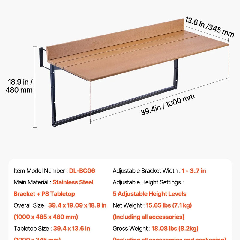 VEVOR piekarināms balkona galds 38 × 99 cm, salokāms margu galds ar 5 līmeņu augstuma regulēšanu, piemērots margām ar biezumu 2,5–13,5 cm, pasniegšanas galds balkonam un terasei
