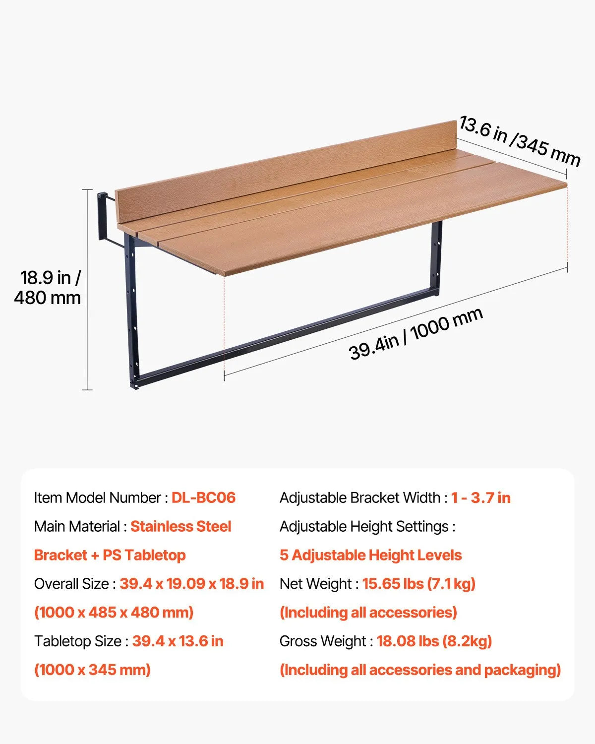 VEVOR Hanging Balcony Table 38 × 99 cm, Foldable Railing Table with 5-Level Height Adjustment, Suitable for Railings 2.5–13.5 cm Thick, Serving Table for Balcony and Terrace