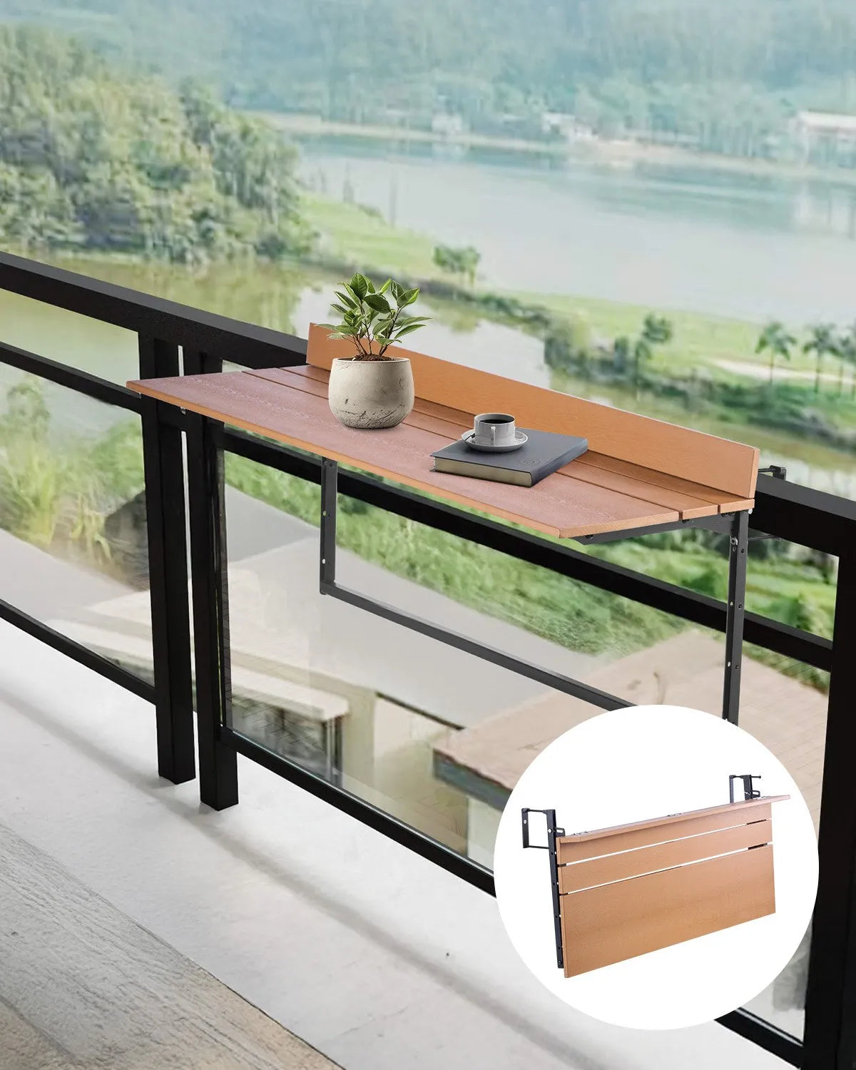 VEVOR Hanging Balcony Table 38 × 99 cm, Foldable Railing Table with 5-Level Height Adjustment, Suitable for Railings 2.5–13.5 cm Thick, Serving Table for Balcony and Terrace